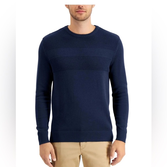 Club Room Blue Crewneck Sweater with Ribbed Texture - Picture 1 of 4